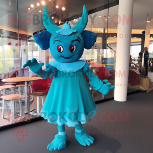 Turquoise Devil mascot costume character dressed with a A-Line Dress and Mittens