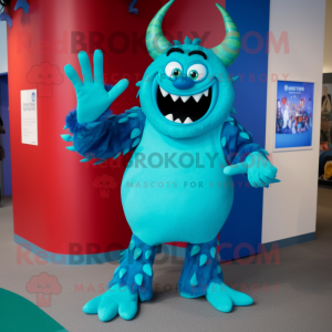 Turquoise Devil mascot costume character dressed with a A-Line Dress and Mittens
