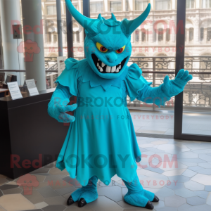 Turquoise Devil mascot costume character dressed with a A-Line Dress and Mittens