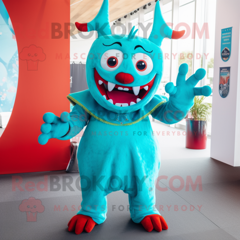 Turquoise Devil mascot costume character dressed with a A-Line Dress and Mittens Turquoise Devil mascot costume character dressed with a A-Line Dress and Mittens