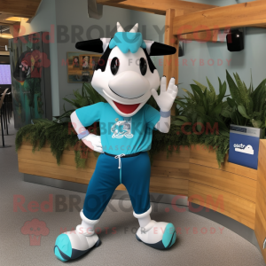 Teal Holstein Cow mascot costume character dressed with a Capri Pants and Shoe clips