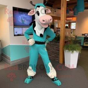 Teal Holstein Cow mascot costume character dressed with a Capri Pants and Shoe clips