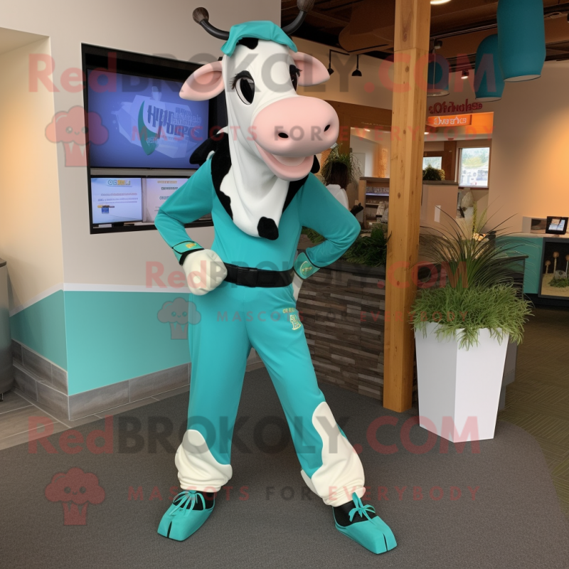 Teal Holstein Cow mascot costume character dressed with a Capri Pants and Shoe clips Teal Holstein Cow mascot costume character dressed with a Capri Pants and Shoe clips