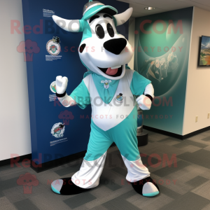 Teal Holstein Cow mascot costume character dressed with a Capri Pants and Shoe clips