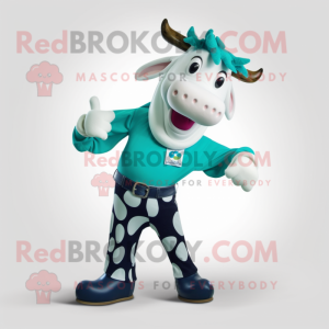 Teal Holstein Cow maskot...