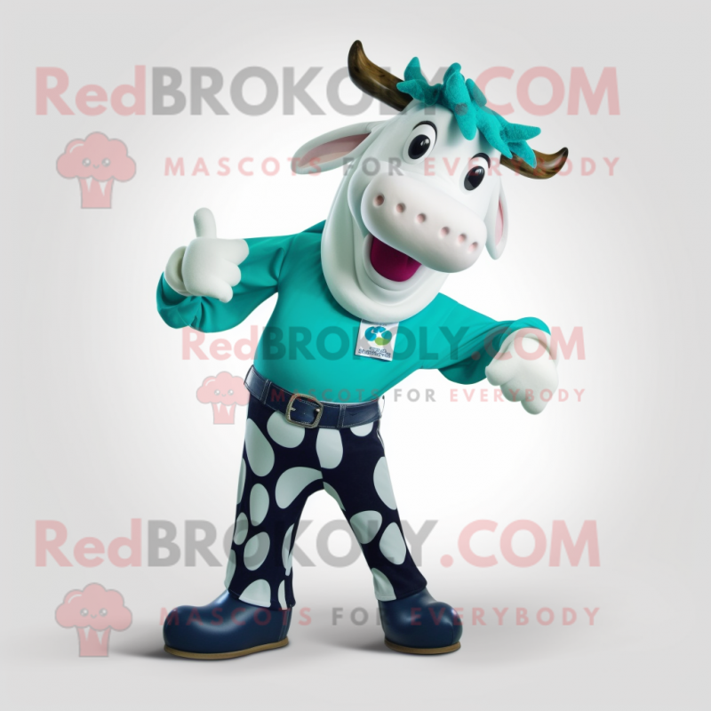 Teal Holstein Cow mascot costume character dressed with a Capri Pants and Shoe clips