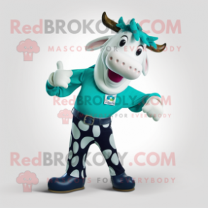 Teal Holstein Cow mascot costume character dressed with a Capri Pants and Shoe clips