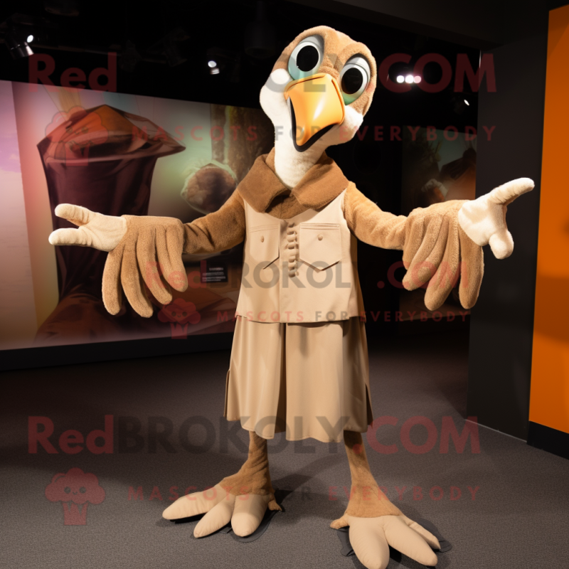 Tan Archeopteryx mascot costume character dressed with a Coat and Gloves Tan Archeopteryx mascot costume character dressed with a Coat and Gloves
