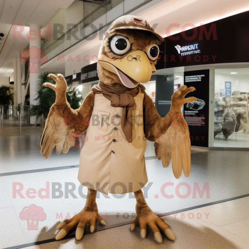 Tan Archeopteryx mascot costume character dressed with a Coat and Gloves Tan Archeopteryx mascot costume character dressed with a Coat and Gloves