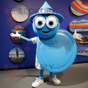 Blue Plate Spinner mascot costume character dressed with a T-Shirt and Eyeglasses