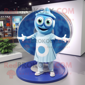 Blue Plate Spinner mascot costume character dressed with a T-Shirt and Eyeglasses