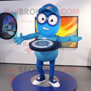 Blue Plate Spinner mascot costume character dressed with a T-Shirt and Eyeglasses
