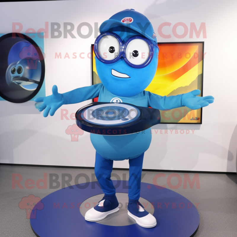 Blue Plate Spinner mascot costume character dressed with a T-Shirt and Eyeglasses Blue Plate Spinner mascot costume character dressed with a T-Shirt and Eyeglasses