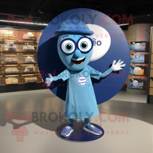 Blue Plate Spinner mascot costume character dressed with a T-Shirt and Eyeglasses