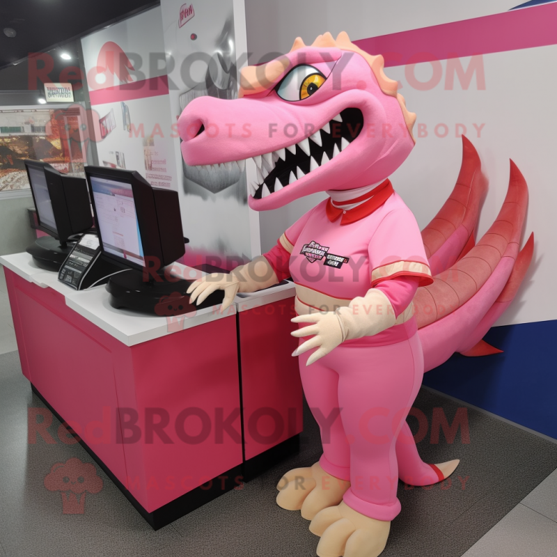 Pink Spinosaurus mascot costume character dressed with a Pencil Skirt and Caps