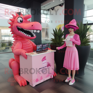 Pink Spinosaurus mascot costume character dressed with a Pencil Skirt and Caps