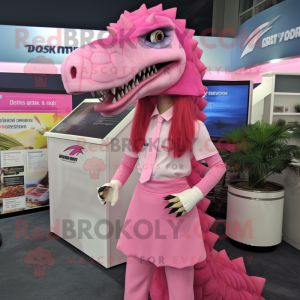 Pink Spinosaurus mascot costume character dressed with a Pencil Skirt and Caps