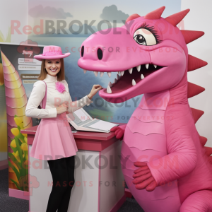 Pink Spinosaurus mascot costume character dressed with a Pencil Skirt and Caps
