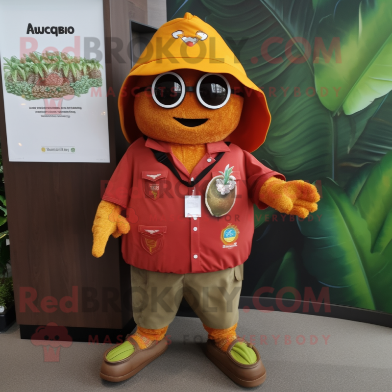 Rust Mango mascot costume character dressed with a Chinos and Keychains Rust Mango mascot costume character dressed with a Chinos and Keychains