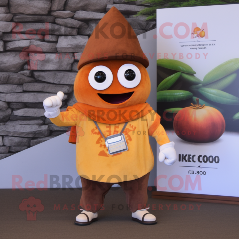Rust Mango mascot costume character dressed with a Chinos and Keychains Rust Mango mascot costume character dressed with a Chinos and Keychains