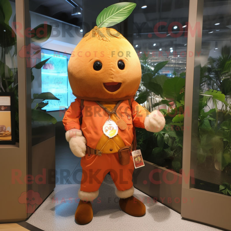 Rust Mango mascot costume character dressed with a Chinos and Keychains Rust Mango mascot costume character dressed with a Chinos and Keychains