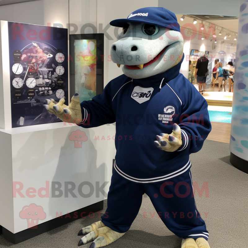 Navy Iguanodon mascot costume character dressed with a Hoodie and Bracelet watches Navy Iguanodon mascot costume character dressed with a Hoodie and Bracelet watches
