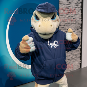 Navy Iguanodon mascot costume character dressed with a Hoodie and Bracelet watches