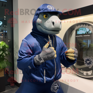 Navy Iguanodon mascot costume character dressed with a Hoodie and Bracelet watches