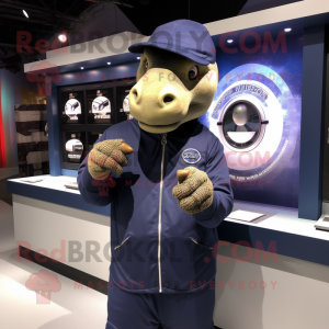 Navy Iguanodon mascot costume character dressed with a Hoodie and Bracelet watches