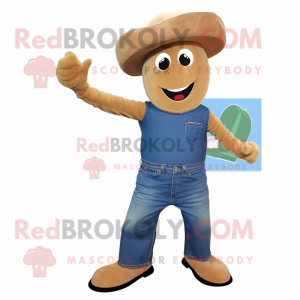 Tan Zucchini mascot costume character dressed with a Denim Shorts and Caps
