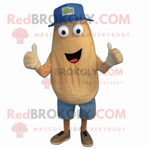 Tan Zucchini mascot costume character dressed with a Denim Shorts and Caps