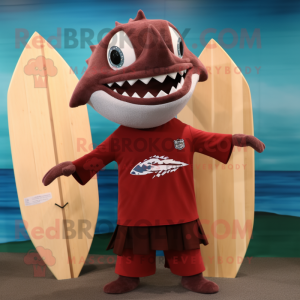 Maroon Barracuda mascot costume character dressed with a Board Shorts and Tie pins