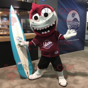 Maroon Barracuda mascot costume character dressed with a Board Shorts and Tie pins
