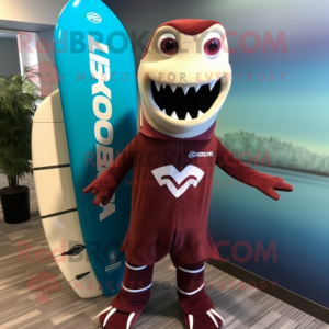 Maroon Barracuda mascot costume character dressed with a Board Shorts and Tie pins