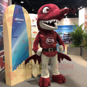 Maroon Barracuda mascot costume character dressed with a Board Shorts and Tie pins