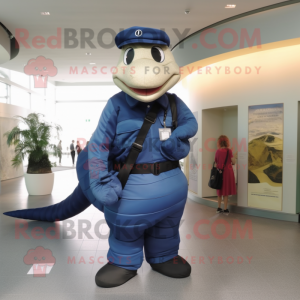 Navy Titanoboa mascot costume character dressed with a Vest and Handbags