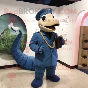 Navy Titanoboa mascot costume character dressed with a Vest and Handbags