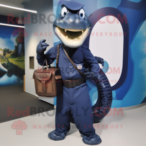 Navy Titanoboa mascot costume character dressed with a Vest and Handbags