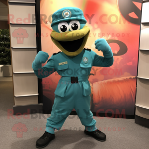 Teal Green Beret mascot costume character dressed with a Joggers and Cufflinks