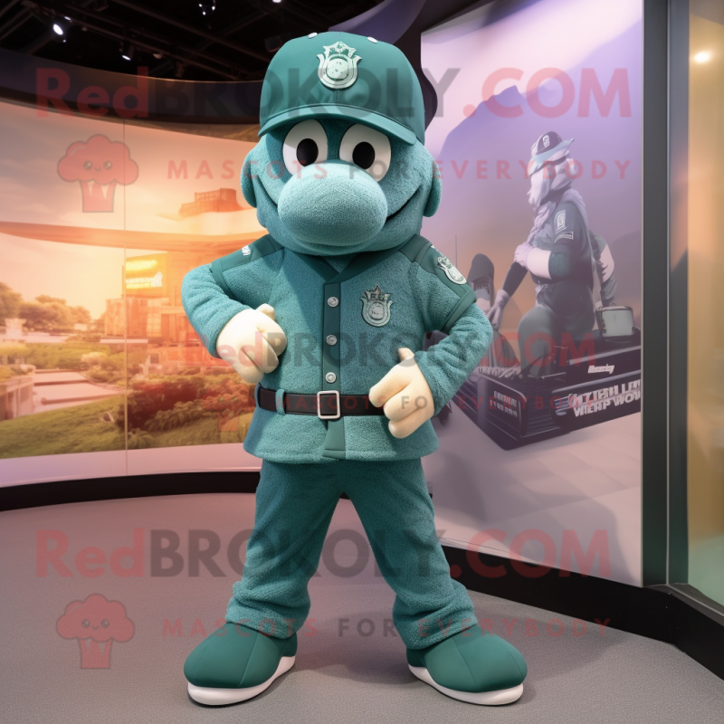 Teal Green Beret mascot costume character dressed with a Joggers and Cufflinks