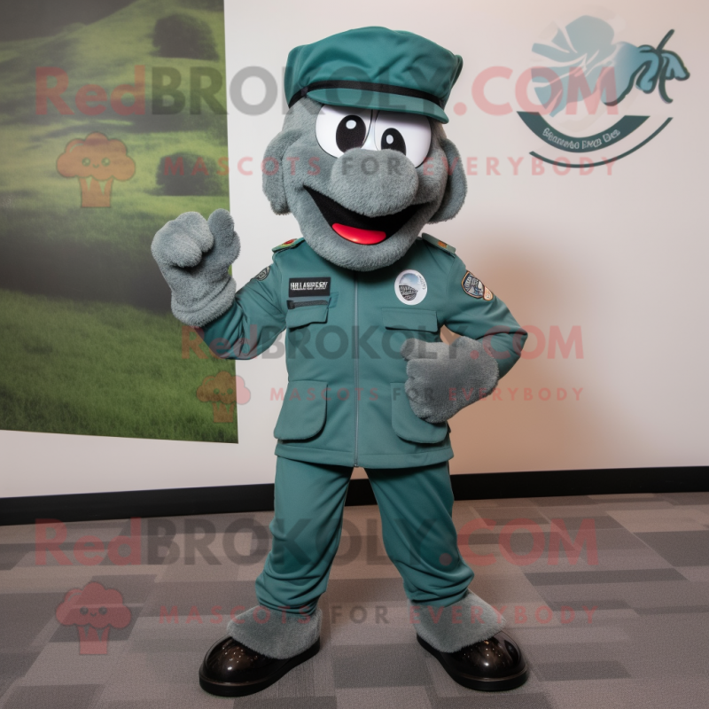 Teal Green Beret mascot costume character dressed with a Joggers and Cufflinks