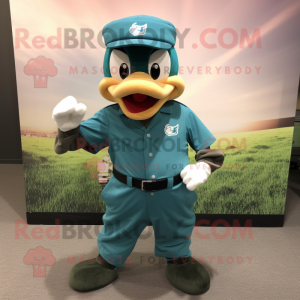 Teal Green Beret mascot costume character dressed with a Joggers and Cufflinks