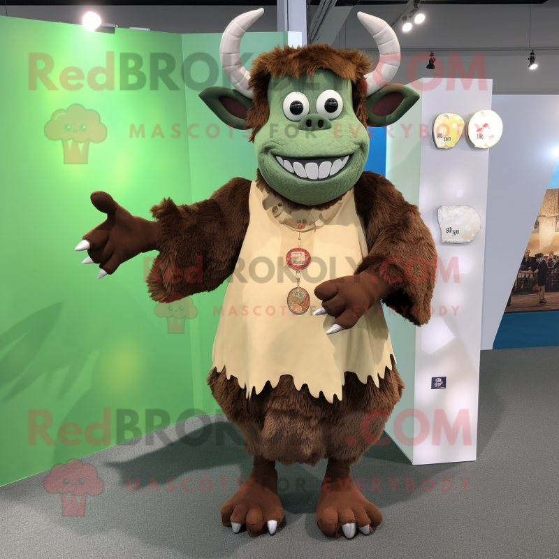 Olive Minotaur mascot costume character dressed with a Dress Shirt and Coin purses Olive Minotaur mascot costume character dressed with a Dress Shirt and Coin purses