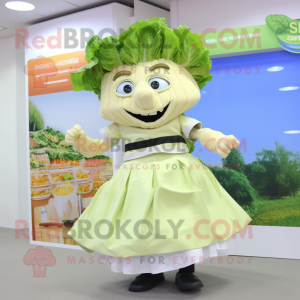 Cream Caesar Salad mascot costume character dressed with a Skirt and Brooches