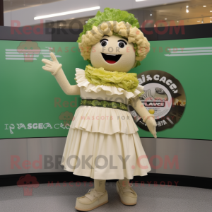 Cream Caesar Salad mascot costume character dressed with a Skirt and Brooches