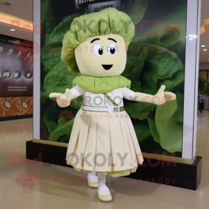 Cream Caesar Salad mascot costume character dressed with a Skirt and Brooches