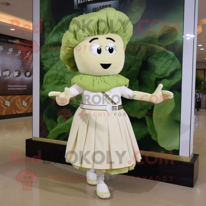 Cream Caesar Salad mascot costume character dressed with a Skirt and Brooches Cream Caesar Salad mascot costume character dressed with a Skirt and Brooches