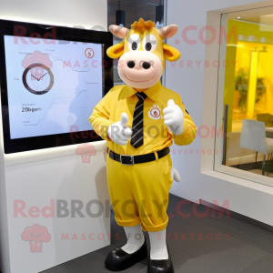 Lemon Yellow Jersey Cow mascot costume character dressed with a Oxford Shirt and Digital watches