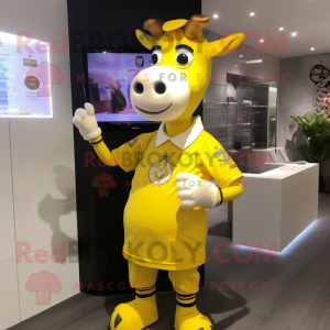 Lemon Yellow Jersey Cow mascot costume character dressed with a Oxford Shirt and Digital watches