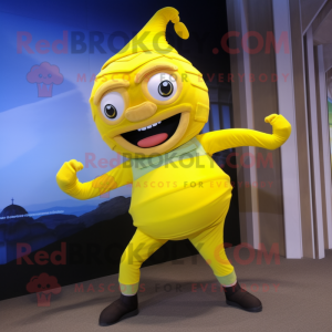 Lemon Yellow Contortionist mascot costume character dressed with a Culottes and Suspenders